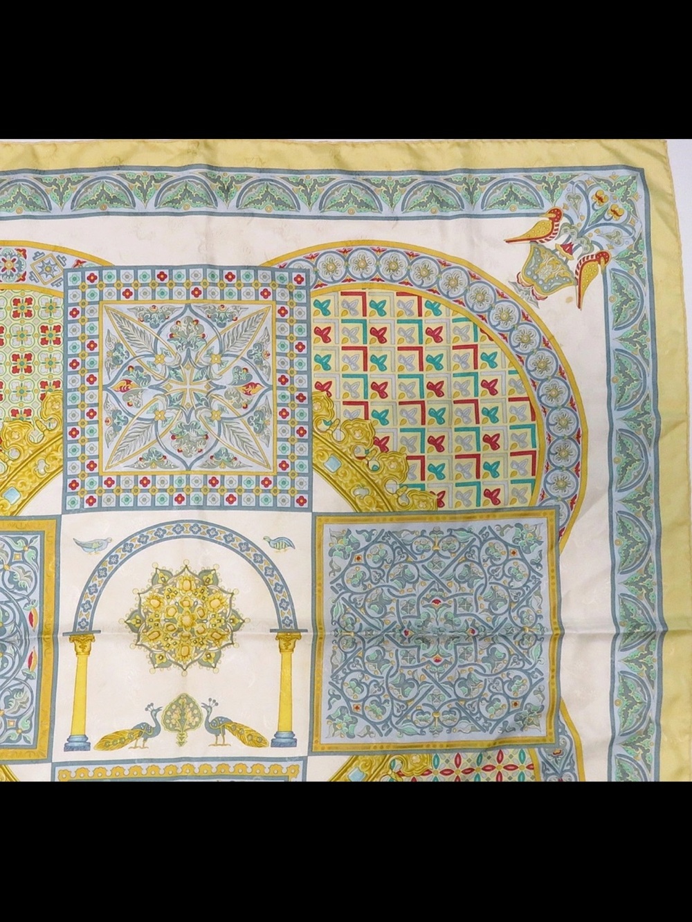 Hermes Yellow, Blue and Green Silk Scarf with Geometric Medallion Motif - Picture 4 of 13